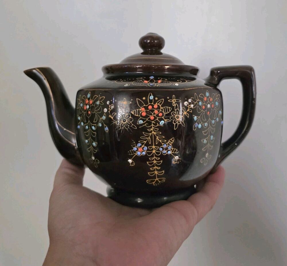 Vintage Art Deco Hand Painted Floral Teapot W/Lid ACME Japan Brown